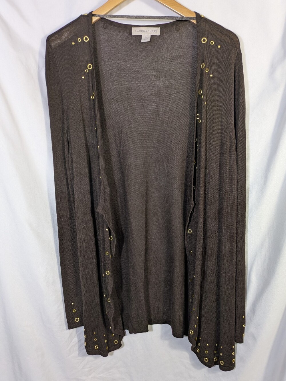 Laura Ashley Women's Brown Open Cardigan 90's Studs Grommets Lightweight L